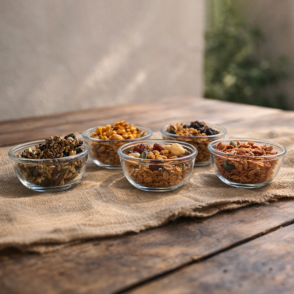 Energy bites, snack mixes in transparent bowls by Well Krafted