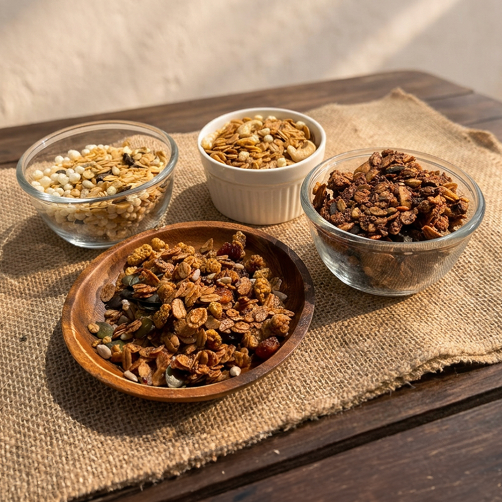 Snack mixes with nuts and dried fruits in bowls by Well Krafted