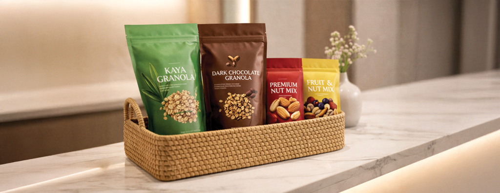Packaged snack products in retail display for hotels, airlines, wellness brands and private label collections. Made by Well Krafted